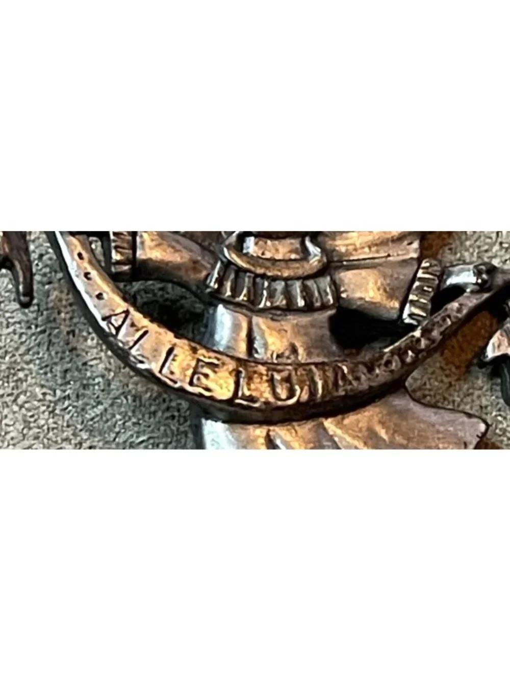 Vintage 80s Pewter Angel Alleluia Banner Angel Pin Brooch
